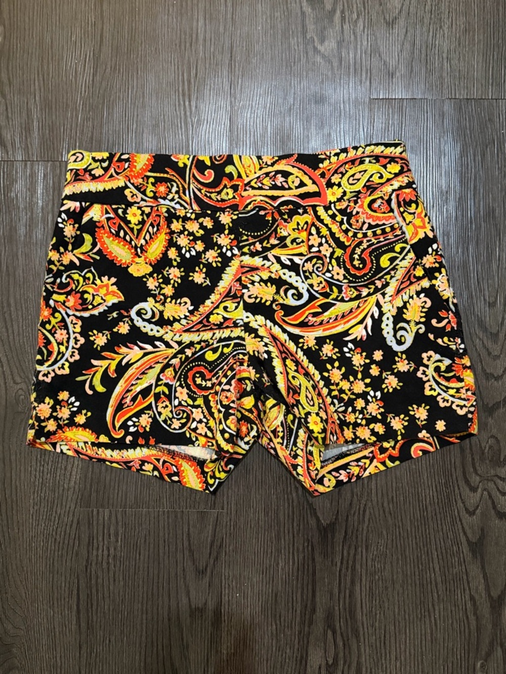 New York & Company Black Paisley Shorts with Orange and Yellow Accents